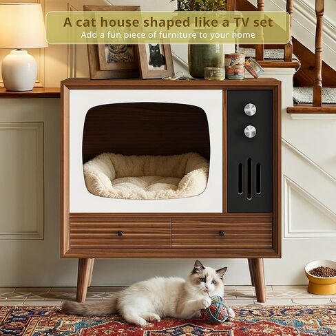 IRONCK بيت القطط للداخلية، شقة خشبية عتيقة على شكل تلفزيون مع أدراج، أثاث للقطط وطاولة جانبية لغرفة المعيشة وتزيين غرفة النوم، خشب الجوز in Kuwait