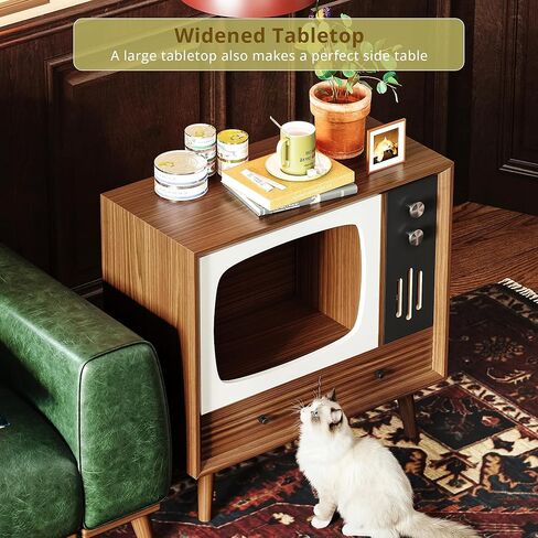 IRONCK بيت القطط للداخلية، شقة خشبية عتيقة على شكل تلفزيون مع أدراج، أثاث للقطط وطاولة جانبية لغرفة المعيشة وتزيين غرفة النوم، خشب الجوز in Kuwait