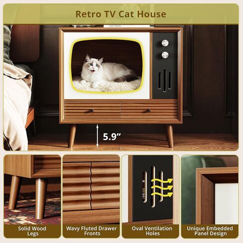 IRONCK بيت القطط للداخلية، شقة خشبية عتيقة على شكل تلفزيون مع أدراج، أثاث للقطط وطاولة جانبية لغرفة المعيشة وتزيين غرفة النوم، خشب الجوز in Kuwait