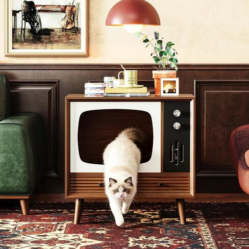 IRONCK بيت القطط للداخلية، شقة خشبية عتيقة على شكل تلفزيون مع أدراج، أثاث للقطط وطاولة جانبية لغرفة المعيشة وتزيين غرفة النوم، خشب الجوز in Kuwait