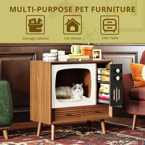 IRONCK بيت القطط للداخلية، شقة خشبية عتيقة على شكل تلفزيون مع أدراج، أثاث للقطط وطاولة جانبية لغرفة المعيشة وتزيين غرفة النوم، خشب الجوز in Kuwait