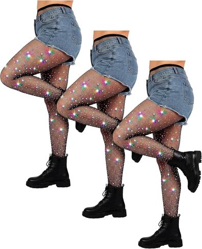 Geyoga 3 Pair Plus Size Rhinestone Fishnets Thigh High Stockings Women Sparkly Black Tights Stockings Glitter High Waist Tights for Women in Saudi Arabia
