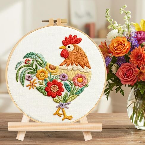 ElevateTech Funny Animal Embroidery Kits for Beginners Adults Cross Stitch Kits with Rooster and Flower Pattern DIY Needlepoint Starter Kit with Embroidery Cloth Hoops Threads for Craft Lover in Saudi Arabia