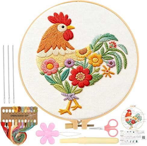 ElevateTech Funny Animal Embroidery Kits for Beginners Adults Cross Stitch Kits with Rooster and Flower Pattern DIY Needlepoint Starter Kit with Embroidery Cloth Hoops Threads for Craft Lover in Saudi Arabia