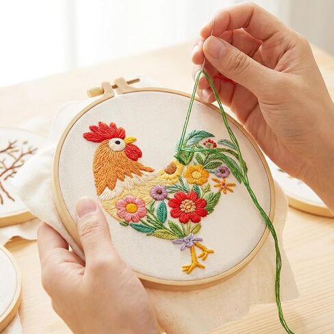 ElevateTech Funny Animal Embroidery Kits for Beginners Adults Cross Stitch Kits with Rooster and Flower Pattern DIY Needlepoint Starter Kit with Embroidery Cloth Hoops Threads for Craft Lover in Saudi Arabia