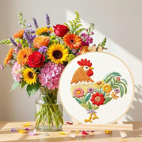 ElevateTech Funny Animal Embroidery Kits for Beginners Adults Cross Stitch Kits with Rooster and Flower Pattern DIY Needlepoint Starter Kit with Embroidery Cloth Hoops Threads for Craft Lover in Saudi Arabia