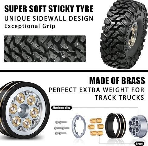 Black Coating Brass 1.0 Beadlock Wheel Tires Set, 64mm Tall 1.0'' Block Terrain Tyre for Axial SCX24 AX24 TRX4M FCX24 Upgrade 1/24 1/18 RC Crawler Car TRX4M1/18 in Saudi Arabia
