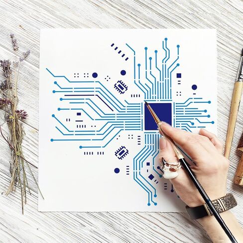 استنسل رسم بأنسجة خط الدائرة من FINGERINSPIRE مع فرشاة طلاء مقاس 11.8 × 11.8 بوصة استنسل أنماط نسيجية مجردة قابلة لإعادة الاستخدام استنسل أنماط تكنولوجية وإلكترونية للرسم على الحائط الخشبي in Kuwait