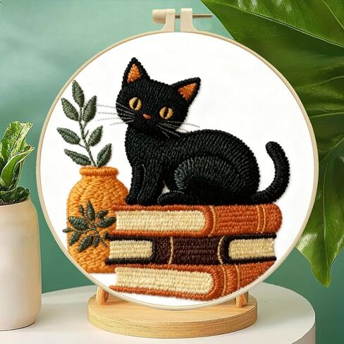 Zhenqing Black Cat Embroidery Kit for Beginners, Pre-Printed 29x29cm Cotton Fabric with 20cm Hoop, Cat on Books with Plant Design for Home Decor(C0075) in Saudi Arabia