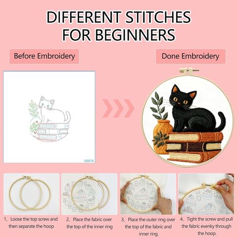 Zhenqing Black Cat Embroidery Kit for Beginners, Pre-Printed 29x29cm Cotton Fabric with 20cm Hoop, Cat on Books with Plant Design for Home Decor(C0075) in Saudi Arabia