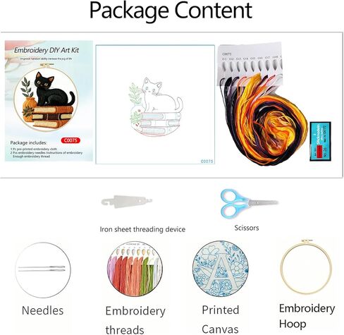 Zhenqing Black Cat Embroidery Kit for Beginners, Pre-Printed 29x29cm Cotton Fabric with 20cm Hoop, Cat on Books with Plant Design for Home Decor(C0075) in Saudi Arabia