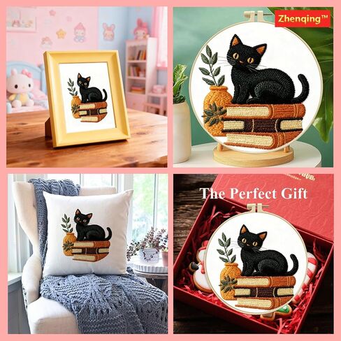 Zhenqing Black Cat Embroidery Kit for Beginners, Pre-Printed 29x29cm Cotton Fabric with 20cm Hoop, Cat on Books with Plant Design for Home Decor(C0075) in Saudi Arabia