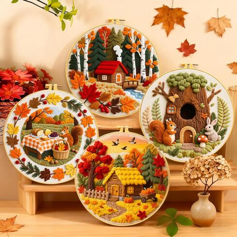 Zhenqing 4-Piece Autumn Theme Embroidery Kit for Beginners - Complete Set with Pre-Printed 29x29cm Cotton Fabric, Hoop, Threads & Tools(C0167) in Saudi Arabia