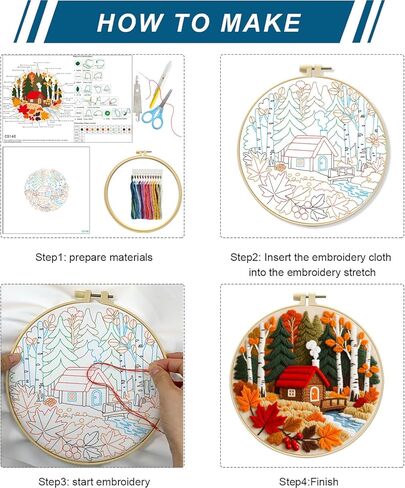 Zhenqing 4-Piece Autumn Theme Embroidery Kit for Beginners - Complete Set with Pre-Printed 29x29cm Cotton Fabric, Hoop, Threads & Tools(C0167) in Saudi Arabia
