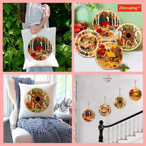 Zhenqing 4-Piece Autumn Theme Embroidery Kit for Beginners - Complete Set with Pre-Printed 29x29cm Cotton Fabric, Hoop, Threads & Tools(C0167) in Saudi Arabia