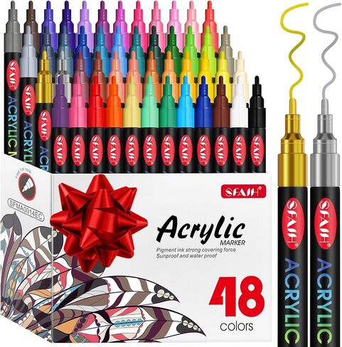SFAIH 48 Vibrant Acrylic Paint Markers - [Ultra High Coverage]1-2mm Fine Tip Paint Pens for Any Surface Graffiti DIY Crafts, Non-Bleeding, Art Craft Supplies Kit, Rock Fabric Wood Glass Canvas Ceramic in Saudi Arabia