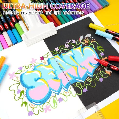 SFAIH 48 Vibrant Acrylic Paint Markers - [Ultra High Coverage]1-2mm Fine Tip Paint Pens for Any Surface Graffiti DIY Crafts, Non-Bleeding, Art Craft Supplies Kit, Rock Fabric Wood Glass Canvas Ceramic in Saudi Arabia