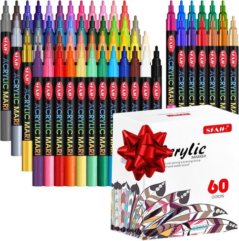 SFAIH 48 Vibrant Acrylic Paint Markers - [Ultra High Coverage]1-2mm Fine Tip Paint Pens for Any Surface Graffiti DIY Crafts, Non-Bleeding, Art Craft Supplies Kit, Rock Fabric Wood Glass Canvas Ceramic in Saudi Arabia