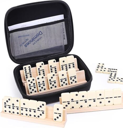 مجموعة ألعاب الدومينو، 28 قطعة دومينو مع 4 رفوف خشبية، ألعاب لوحية خشبية كلاسيكية، لعبة سفر محمولة مع حقيبة حمل in Kuwait