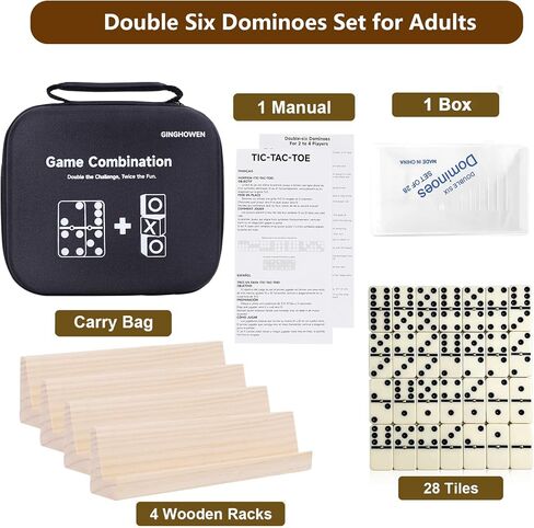 مجموعة ألعاب الدومينو، 28 قطعة دومينو مع 4 رفوف خشبية، ألعاب لوحية خشبية كلاسيكية، لعبة سفر محمولة مع حقيبة حمل in Kuwait
