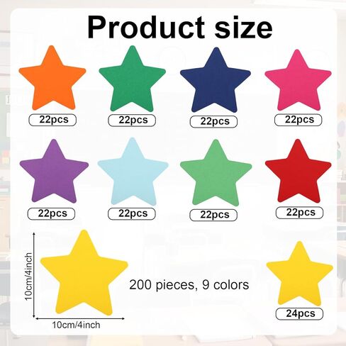 200pcs Colorful Star Cutouts, 4in/10cm Double Sided Paper Cardboard Star Shape Die Cuts Cut Out for Classroom Bulletin Board Party Wall Decor Decoration & DIY School Craft Projects (9 Colors) in Saudi Arabia