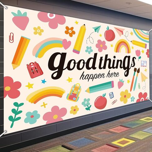 Large Boho Motivational Classroom Backdrop Decorations Positive Inspirational Banner Background Good Thing Happen Here for Teacher Welcome Back to School Wall Mural Decor,10x6ft in Saudi Arabia