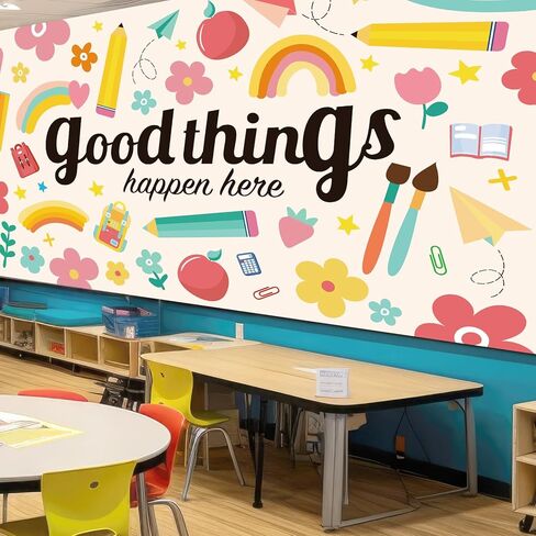 Large Boho Motivational Classroom Backdrop Decorations Positive Inspirational Banner Background Good Thing Happen Here for Teacher Welcome Back to School Wall Mural Decor,10x6ft in Saudi Arabia