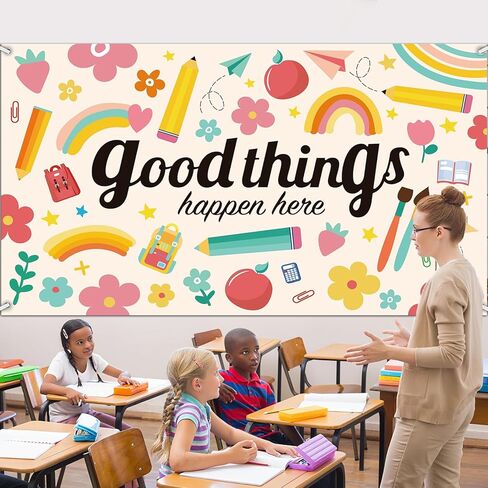 Large Boho Motivational Classroom Backdrop Decorations Positive Inspirational Banner Background Good Thing Happen Here for Teacher Welcome Back to School Wall Mural Decor,10x6ft in Saudi Arabia