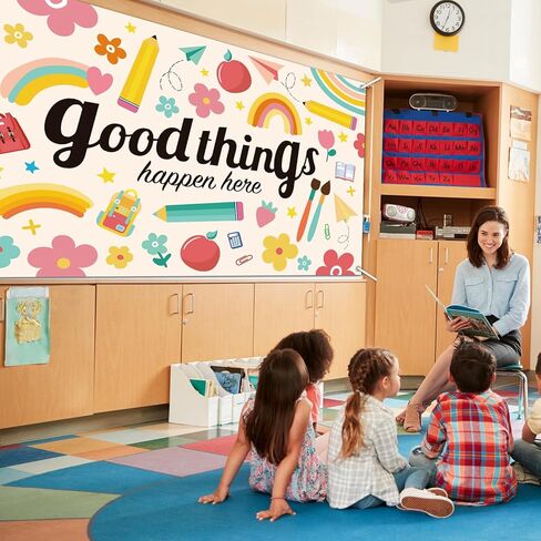 Large Boho Motivational Classroom Backdrop Decorations Positive Inspirational Banner Background Good Thing Happen Here for Teacher Welcome Back to School Wall Mural Decor,10x6ft in Saudi Arabia