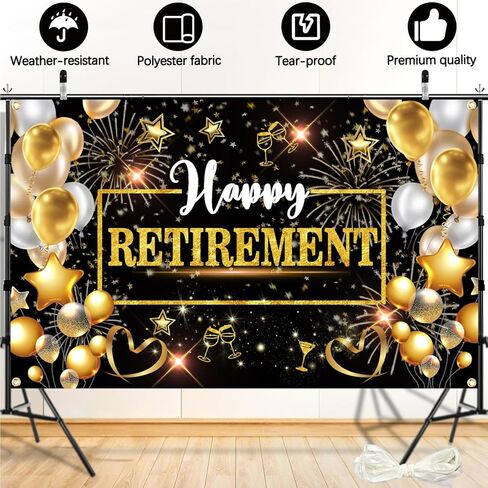ديكورات حفلات التقاعد - لافتة خلفية للتقاعد السعيد مقاس 71 × 44 بوصة بتصميم باللونين الأسود والذهبي، تتضمن شريطًا بطول 19.69 قدمًا لكشك الصور ودعائم الاستوديو وديكور الحفلات in Kuwait