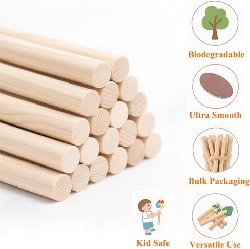 HWYEE18PCS قضبان وتد خشبية، 3/8 بوصة (9.5 مم) × 10 بوصة (254 مم) قضبان وتد يدوية، وتد مكرامية، أعواد خشبية صلبة غير مكتملة للفنون ومحترفي الأعمال اليدوية (18 قطعة، 9.5 × 254 مم) in Kuwait