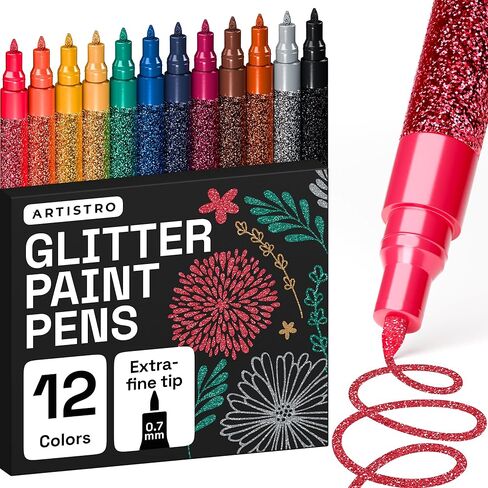 ARTISTRO 12 Glitter Paint Pens for Glass Marking, Rock Painting, Ceramic, Wood, Fabric, Scrapbooking, DIY Craft Making, Coloring - Acrylic Paint Markers Extra-Fine Tip 0.7mm in Saudi Arabia