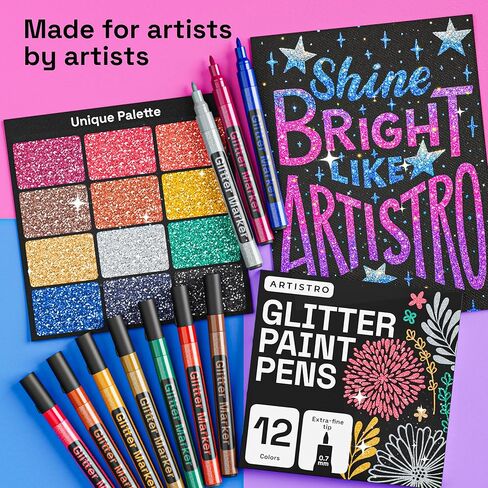 ARTISTRO 12 Glitter Paint Pens for Glass Marking, Rock Painting, Ceramic, Wood, Fabric, Scrapbooking, DIY Craft Making, Coloring - Acrylic Paint Markers Extra-Fine Tip 0.7mm in Saudi Arabia