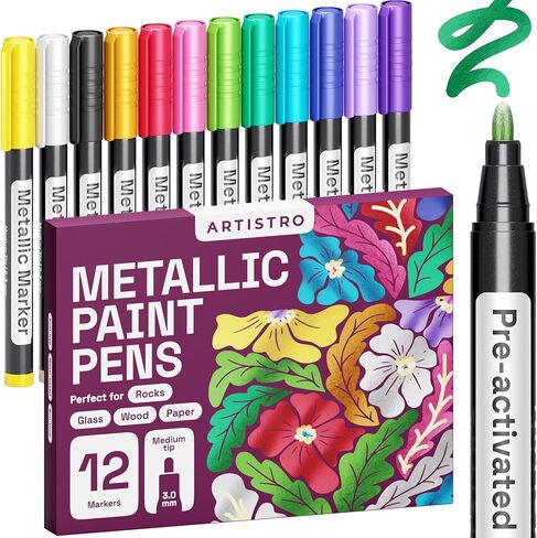 ARTISTRO 12 Glitter Paint Pens for Glass Marking, Rock Painting, Ceramic, Wood, Fabric, Scrapbooking, DIY Craft Making, Coloring - Acrylic Paint Markers Extra-Fine Tip 0.7mm in Saudi Arabia