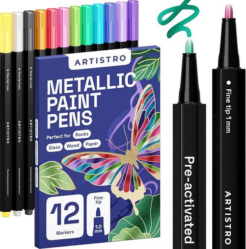 ARTISTRO 12 Glitter Paint Pens for Glass Marking, Rock Painting, Ceramic, Wood, Fabric, Scrapbooking, DIY Craft Making, Coloring - Acrylic Paint Markers Extra-Fine Tip 0.7mm in Saudi Arabia
