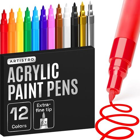 ARTISTRO 12 Glitter Paint Pens for Glass Marking, Rock Painting, Ceramic, Wood, Fabric, Scrapbooking, DIY Craft Making, Coloring - Acrylic Paint Markers Extra-Fine Tip 0.7mm in Saudi Arabia