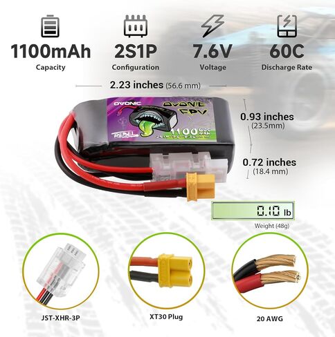 بطارية ليبو OVONIC 2S 1100 مللي أمبير في الساعة 7.6 فولت 60C مع قابس XT30 عالي الجهد [عبوة واحدة تتضمن بطاريتين] in Saudi Arabia