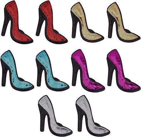 SUPERFINDINGS 5 Pairs High Heel Embroidery Patch Iron On Sew On Patches Handmade Polyester Cloth Applique Embroidered Lady’s Shoes Glitter Patches for Bag Dress Jackets Cloth Backpack in Saudi Arabia