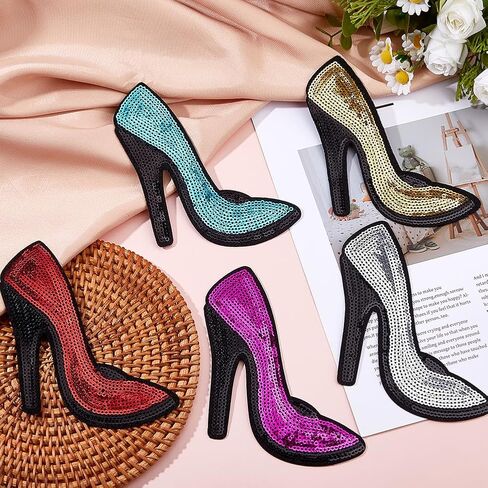 SUPERFINDINGS 5 Pairs High Heel Embroidery Patch Iron On Sew On Patches Handmade Polyester Cloth Applique Embroidered Lady’s Shoes Glitter Patches for Bag Dress Jackets Cloth Backpack in Saudi Arabia