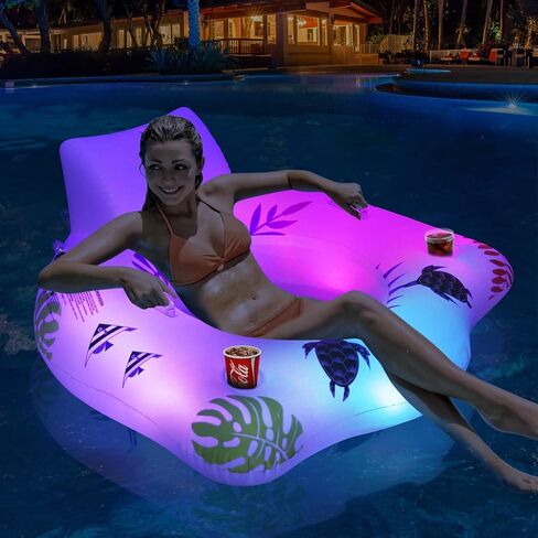 Inflatable Pool Floats Chair with Color Changing Light, Solar Water Floats for Adults with 2 Cup Holders & 2 Armrests, Beach Float Pool Sofa, Pool Raft Lounge Pool Floaties for Adult in Kuwait
