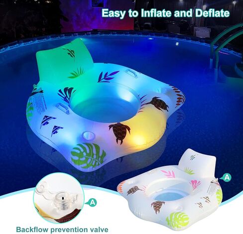 Inflatable Pool Floats Chair with Color Changing Light, Solar Water Floats for Adults with 2 Cup Holders & 2 Armrests, Beach Float Pool Sofa, Pool Raft Lounge Pool Floaties for Adult in Kuwait