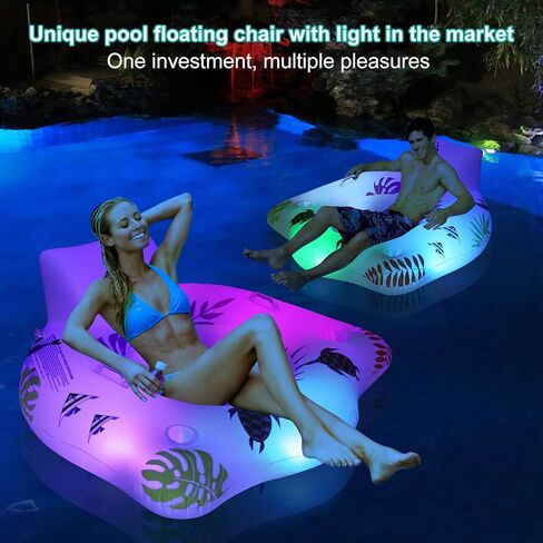Inflatable Pool Floats Chair with Color Changing Light, Solar Water Floats for Adults with 2 Cup Holders & 2 Armrests, Beach Float Pool Sofa, Pool Raft Lounge Pool Floaties for Adult in Kuwait