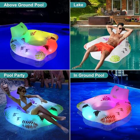 Inflatable Pool Floats Chair with Color Changing Light, Solar Water Floats for Adults with 2 Cup Holders & 2 Armrests, Beach Float Pool Sofa, Pool Raft Lounge Pool Floaties for Adult in Kuwait