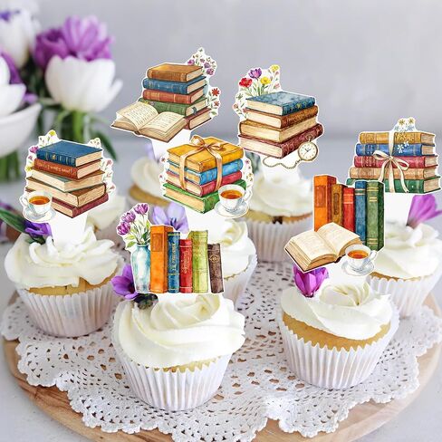 Book Themed Cupcake Toppers Vintage Books Party Decorations 48Pcs Book Club Cupcake Picks Books Birthday Cake Decoration for Reading Story Library Baby Shower Supplies in Saudi Arabia