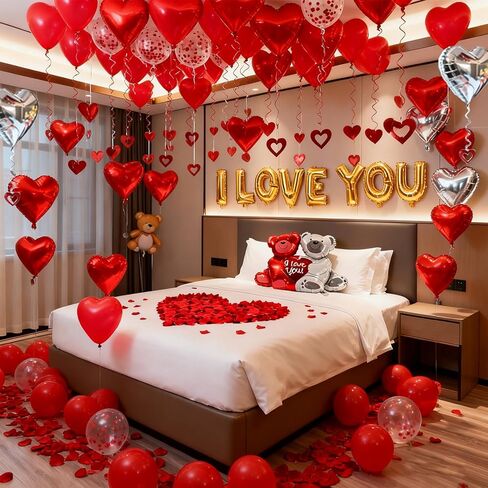 54 قطعة من بالونات القلب I Love You Valentine Valentine مع 50 شنق 1000 من الحرير الوردي الدب على شكل قلب بالونات حمراء رومانسية ليلة الزفاف الذكرى السنوية للديكور ديكور عيد الحب in Kuwait