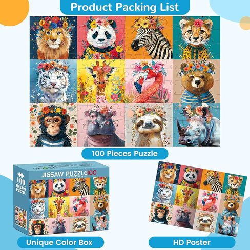 100 Pieces Puzzles for Kids Ages 4-8 | Beautiful Wild Animals Jigsaw Puzzles | Large 100 Piece Puzzle for Toddler Children | Sturdy,Safe | Engaging & Educational Toys Great Gift for Boys Girls,15x10in in Saudi Arabia