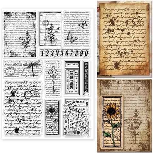Vintage Text Background Clear Stamps for Cards Making Retro Flowers Butterfly Clear Stamp Seals 5.83x8.27inch Transparent Stamps for DIY Scrapbooking Photo Album Journal Home Decoration in Saudi Arabia