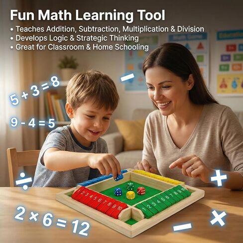 Shut The Box Game Wooden, 2026 New Shut The Box-Wooden Dice Board Game with 8 Dice, Four-Sided Flip Card Game Toys, Enhancing Mathematical and Decision-Making Skill (4 Color) in Saudi Arabia