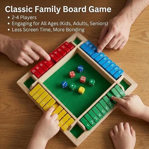 Shut The Box Game Wooden, 2026 New Shut The Box-Wooden Dice Board Game with 8 Dice, Four-Sided Flip Card Game Toys, Enhancing Mathematical and Decision-Making Skill (4 Color) in Saudi Arabia