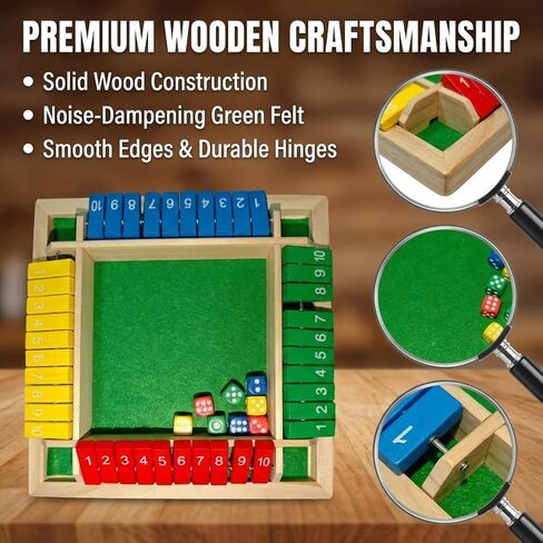 Shut The Box Game Wooden, 2026 New Shut The Box-Wooden Dice Board Game with 8 Dice, Four-Sided Flip Card Game Toys, Enhancing Mathematical and Decision-Making Skill (4 Color) in Saudi Arabia